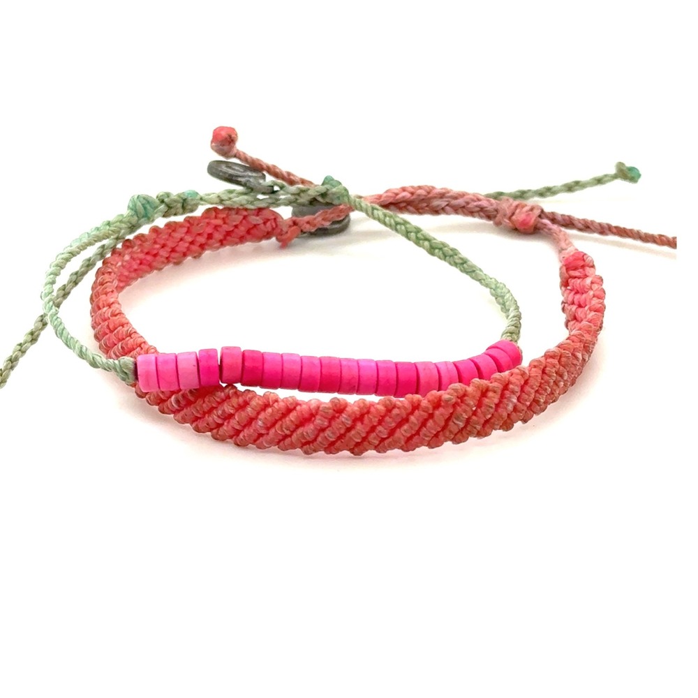 Pura‎ Vida Pink Coral Sage Green Braided Beaded Bracelet Set Adjustable Boho